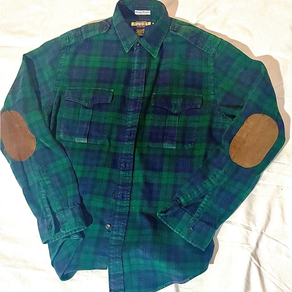 Ralph Lauren “Rugby” Shirt, Black Watch tartan cotton with leather patches